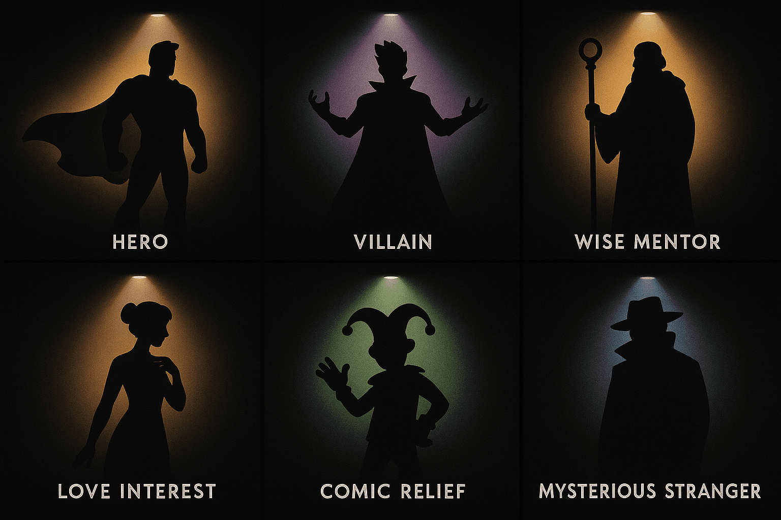 Different character archetypes including heroes, villains, mentors and supporting characters