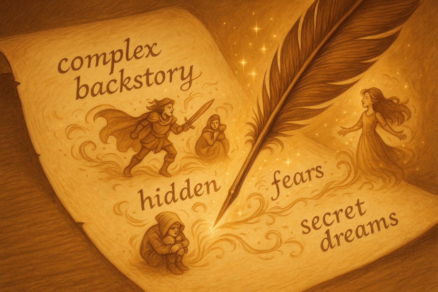 Creative writing tools with magical quill pen and character development