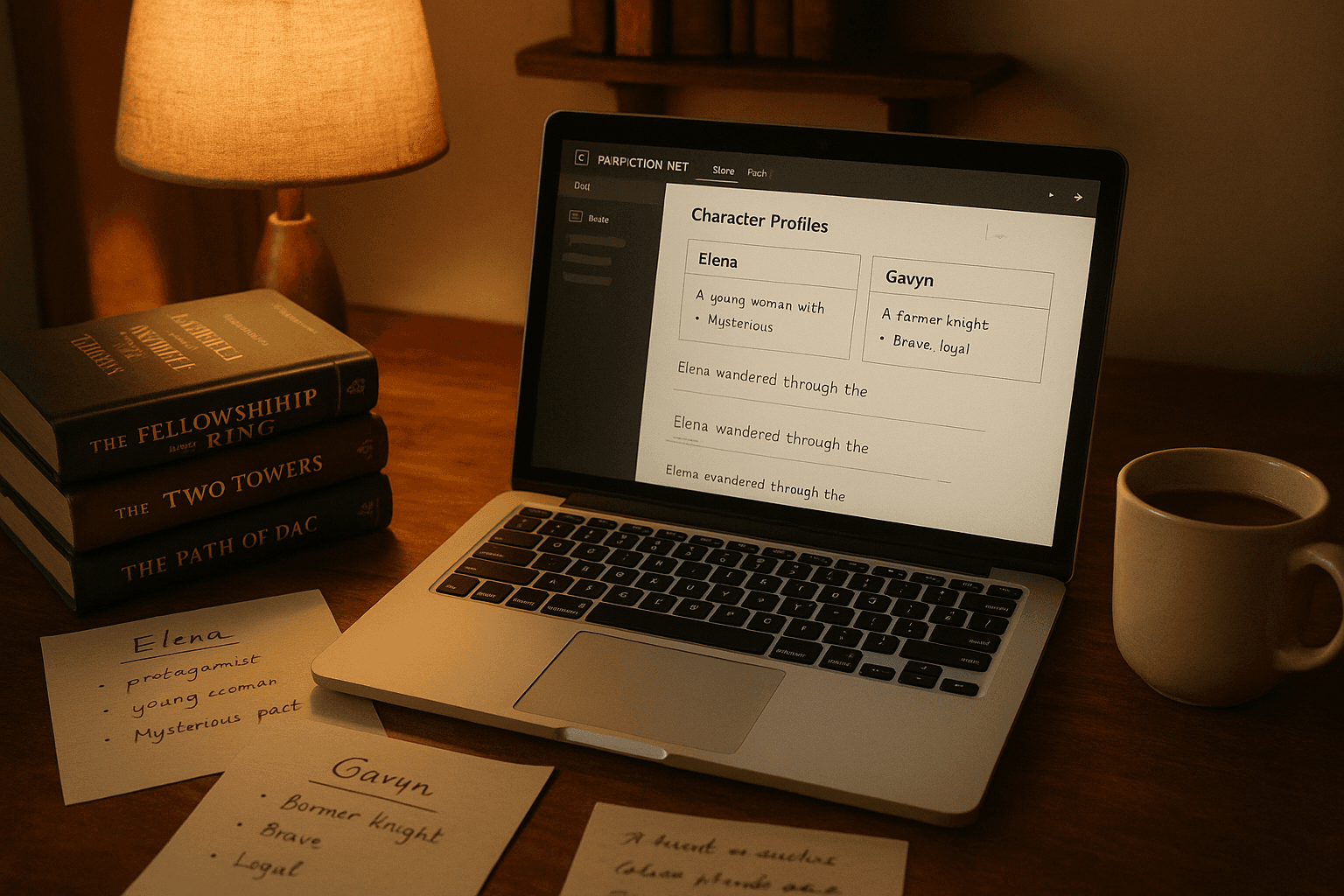 Fan fiction writing workspace with character development tools and creative setup